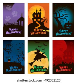 Set of Halloween Vertical Banners with Haunted house, Graveyard, Ghosts, Moon, Trees, Pumpkin, Cauldron, Cobweb and Flying Witch. Cartoon halloween backgrounds. Vector illustration.
