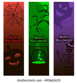 Set of Halloween Vertical Banners with Pumpkin, Magic Cauldron and Skeleton. Cartoon halloween backgrounds. Vector illustration.