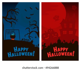 Set of Halloween Vertical Banners with Pumpkin, Cauldron, Haunted House, Graveyard, Moon, Tree and Spider. Cartoon halloween backgrounds. Vector illustration.