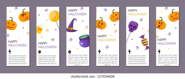 Set of Halloween vertical banners with Halloween symbols on white background. Collection of cartoon style party tickets . Vector illustration.