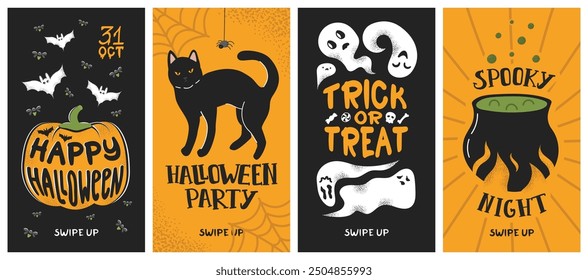 Set of Halloween vertical banners template, with black cats, pumpkins, ghosts, and cauldrons. For social media stories, Halloween events, parties, invitations, or spooky promotions, posters, prints.