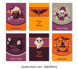 Set of Halloween Vertical Banners. Vector Illustration. Labels, Patterns and Flat Holiday Symbols. Typographic Template for your Text.