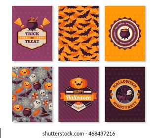 Set of Halloween Vertical Banners. Vector Illustration. Labels, Patterns and Flat Holiday Symbols. Typographic Template for your Text.