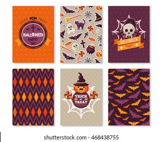 Set of Halloween Vertical Banners. Vector Illustration. Labels, Patterns and Flat Holiday Symbols. Typographic Template for your Text.