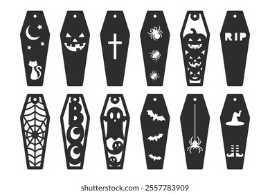 Set of Halloween vertical bookmarks with coffin shape. Laser cut template. Decorative bookmark stencil for paper, wood and metal cutting. Vector design