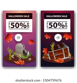 Set Halloween vertical discount banners, up to 50% off. Pink and purple discount vertical banners for your business
