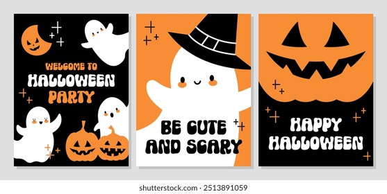 Set of Halloween vertical posters. Cute ghosts and pumpkins. Party flyers with hand drawn illustrations flat style design. Banner for Halloween party. Happy Halloween card set. Be cute and scary font