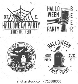 Set of Halloween vintage badges. Typography design with skeleton hand and glass of beer, owl, raven, bat, web and spider. Happy Halloween- stock vector. For shirt, logo, print, stamp.