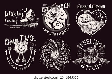Set of halloween vintage emblems with beautiful witch, candy, bones, full moon, broomstick, text pumpkins like human characters such as happy kids. Monochrome creative illustrations