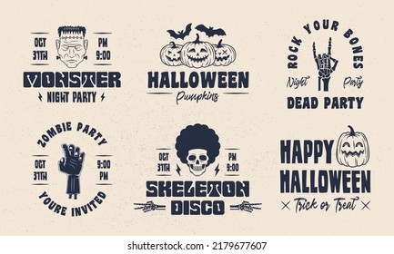 Set of Halloween vintage emblems. Monster, Skeleton, Zombie, Pumpkins emblems. Halloween label, badges designs. Retro prints for T-shirt, typography. Vector illustration