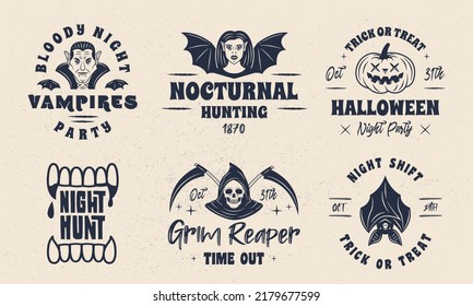 Set von Halloween-Vintage-Emblemen. Vampire, Grimopapier, Badesymbole. Halloween-Label, Badges Designs. Retro-Drucke für T-Shirt, Typografie. Vektorgrafik