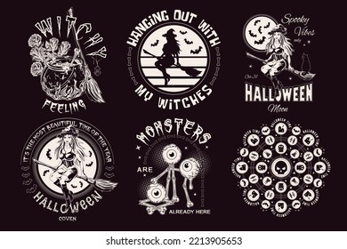 Set of halloween vintage labels with beautiful witch, bones, roses, cauldron, moon, broomstick, monsters, eyeballs, text. Monochrome creative illustrations on a black background