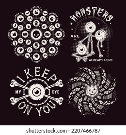 Conjunto de etiquetas de halloween con monstruos, ojos, huesos, calabaza, caramelos, silueta de calavera, formas redondeadas de semitono, texto. Ilustración creativa monocroma sobre fondo negro