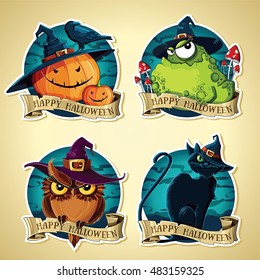 Set of Halloween vintage vector labels with pumpkins, toad, owl and black cat