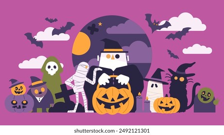 Set of Halloween voluntary illustrations for banners, cards, flyers, social media wallpapers