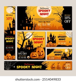 set of Halloween web banner with gradient design for poster, cover, social media, sale. vector illustration