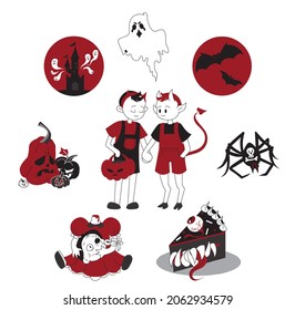 A set for Halloween, in which there is a man, a devil, a ghost, the moon, an ominous castle, bats, a spider, a toothy cake, a buzzy doll with a severed head, angry and sad pumpkins. Vector stock illus