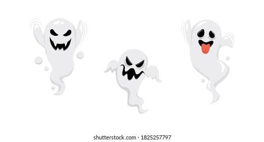 Set of halloween white ghosts, funny faces. Autumn holidays vector