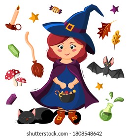 Set of halloween witch with black cat and with accessories. Vector illustration in flat design.