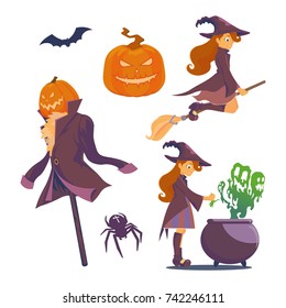 Set of Halloween. A witch with a broom, witch flying on a broom, evil pumpkin, cauldron potion, spider with a cross. Jack of the Lantern as a scarecrow is dressed in a jacket. Vector