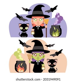 Set of Halloween Witch, Cat, Bats, cauldron. Vector Illustration. Flat characters. Orange, violet, black. For print, accessories, textile, media, package, postcard, poster, wrapping, background.