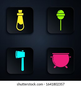 Set Halloween witch cauldron , Bottle with potion , Wooden axe  and Lollipop . Black square button. Vector