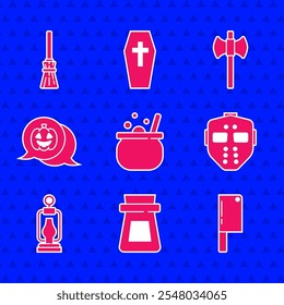 Set caldero de bruja de Halloween, botella con poción, picador de carne, máscara de hockey, linterna de camping, calabaza, hacha de madera e icono de escoba de brujas. Vector