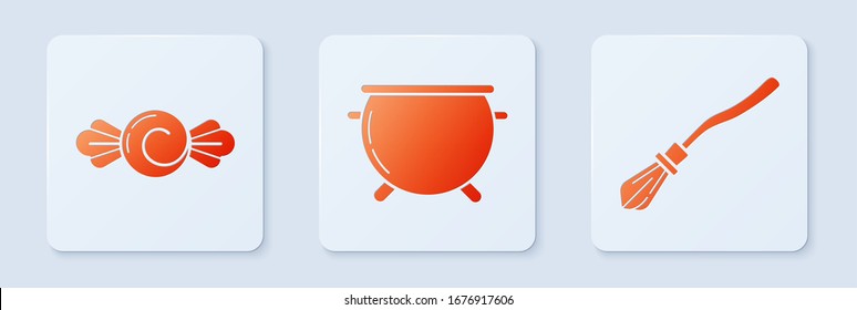 Set Halloween witch cauldron , Candy  and Witches broom . White square button. Vector