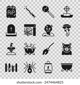 Set Halloween witch cauldron, Cat, Psilocybin mushroom, Lollipop, Spider web, Tombstone with RIP written,  and Zombie mask icon. Vector