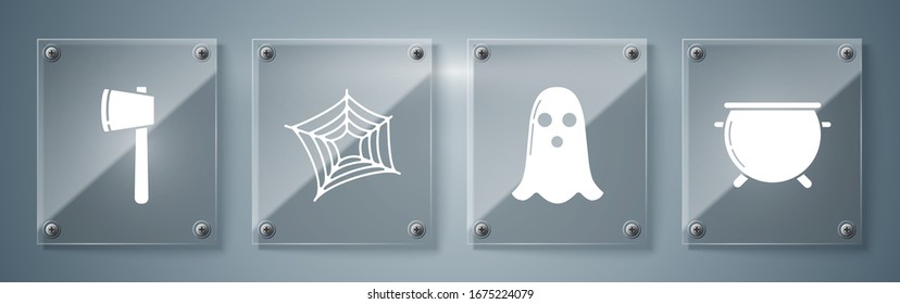 Set Halloween witch cauldron , Ghost , Spider web  and Wooden axe . Square glass panels. Vector