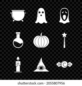 Set Halloween witch cauldron, Ghost, Funny and scary ghost mask for, Burning candle, Witch hat, Candy, Bottle with potion and Pumpkin icon. Vector