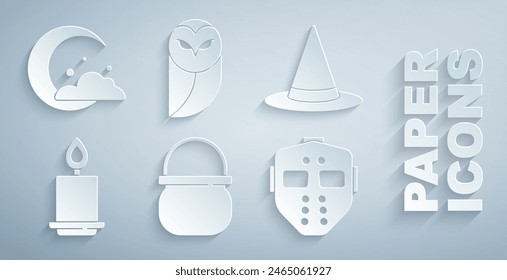 Set Halloween witch cauldron, Witch hat, Burning candle, Hockey mask, Owl and Moon stars icon. Vector