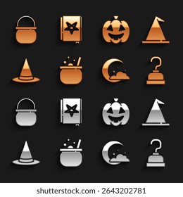 Set Halloween witch cauldron, Witch hat, Pirate hook, Moon and stars, Pumpkin,  and Ancient magic book icon. Vector