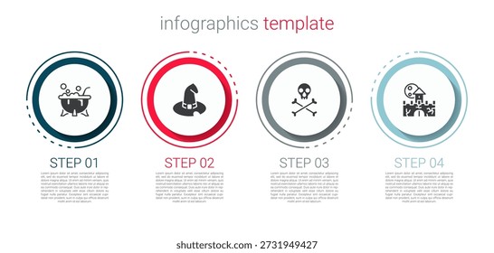 Set Halloween witch cauldron, Witch hat, Skull crossbones and Castle, fortress. Business infographic template. Vector
