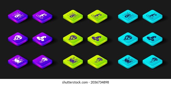 Set Halloween witch cauldron, Psilocybin mushroom, Skull, Witch hat, Zombie hand and Spider icon. Vector