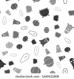 Set Halloween witch cauldron , Pumpkin , Ghost  and Coffin with christian cross  on seamless pattern. Vector