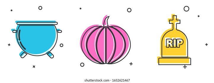 Set Halloween witch cauldron , Pumpkin  and Tombstone with RIP icon. Vector