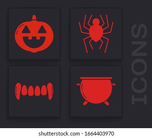 Set Halloween witch cauldron , Pumpkin , Spider  and Vampire teeth  icon. Vector