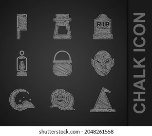 Set Halloween witch cauldron, Pumpkin, Witch hat, Vampire, Moon and stars, Camping lantern, Tombstone with RIP written and Meat chopper icon. Vector