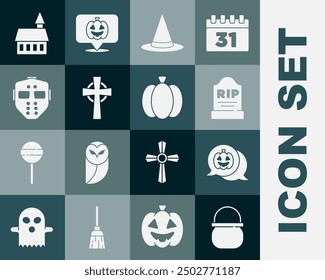 Set Halloween witch cauldron, Pumpkin, Tombstone with RIP written, Witch hat, cross, Hockey mask, Castle and  icon. Vector