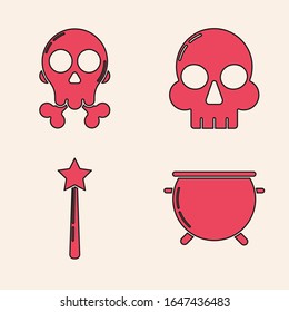 Set Halloween witch cauldron , Skull on crossbones , Skull  and Magic wand  icon. Vector