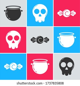 Set Halloween witch cauldron , Skull  and Candy  icon. Vector