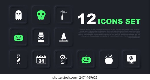 Set Halloween witch cauldron, Skull, Bottle with potion, Pumpkin, date 31 october,  and Owl bird icon. Vector