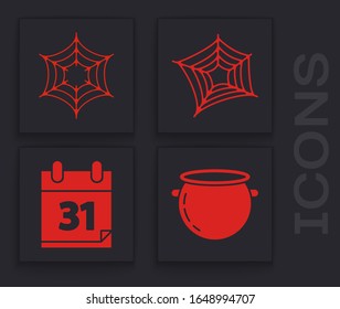 Set Halloween witch cauldron , Spider web , Spider web  and Calendar with Halloween date 31 october icon. Vector