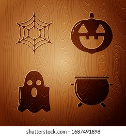Set Halloween witch cauldron , Spider web , Ghost  and Pumpkin  on wooden background. Vector