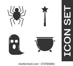 Set Halloween witch cauldron , Spider , Ghost  and Magic wand  icon. Vector