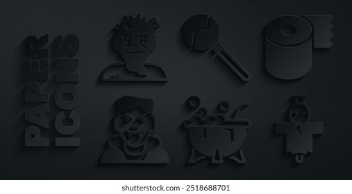 Set Halloween witch cauldron, Toilet paper roll, Vampire, Scarecrow, Lollipop and Zombie mask icon. Vector