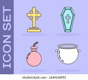 Set Halloween witch cauldron , Tombstone with cross , Bomb ready to explode  and Coffin with christian cross  icon. Vector