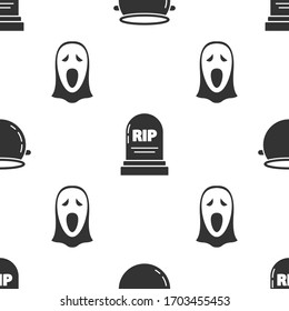 Set Halloween witch cauldron , Tombstone with RIP and Funny and scary ghost mask for Halloween  on seamless pattern. Vector