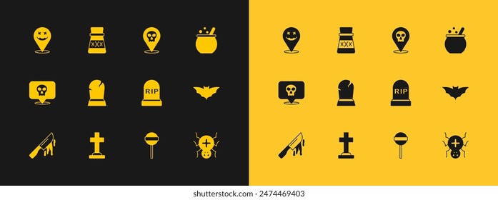Conjunto de caldero de bruja de Halloween, lápida con cruz, RIP escrito, Lollipop, calavera, feliz fiesta y botella icono de poción. Vector